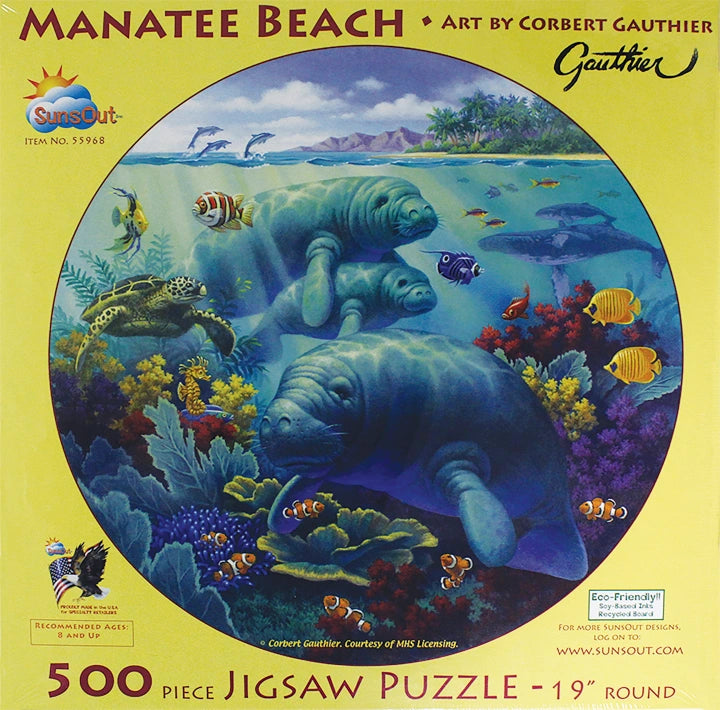 500 pc. Manatee Beach Puzzle. Enjoy putting together this round 500 piece jigsaw puzzle by Corbert Gauthier.