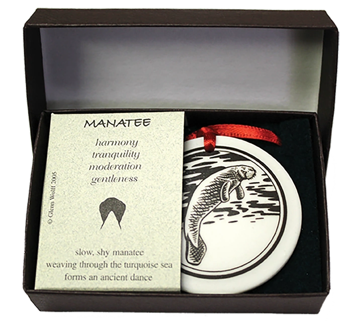 Porcelain Manatee Pathfinders Ornament.  Pathfinders is a line of porcelain products that is handmade in Michigan.