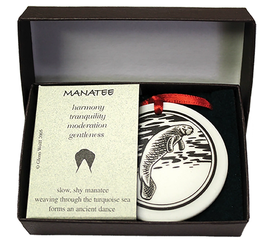 Porcelain Manatee Pathfinders Ornament.  Pathfinders is a line of porcelain products that is handmade in Michigan.