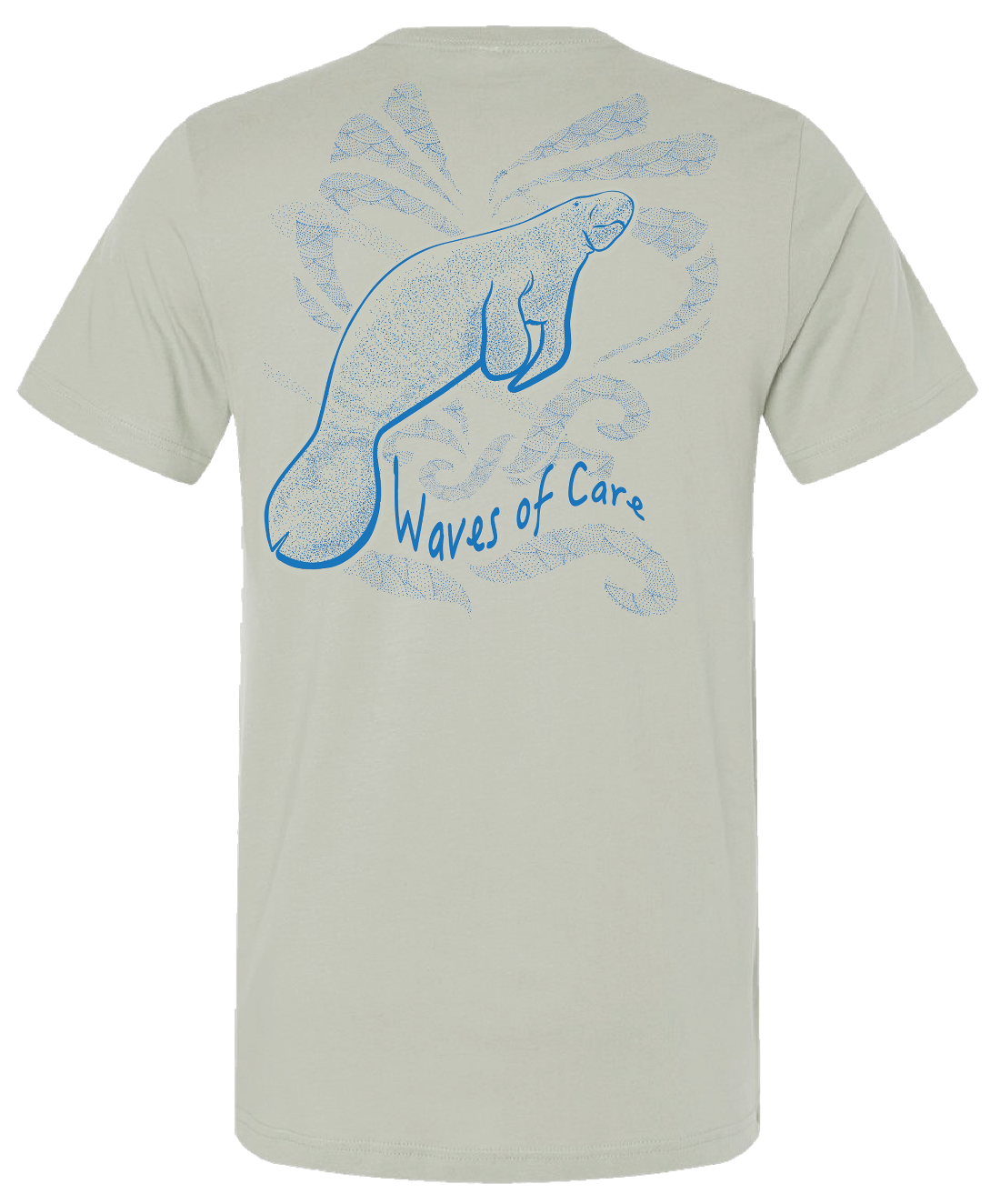 Light “thyme” colored T-shirt with a large blue manatee and wave illustration printed across the back.