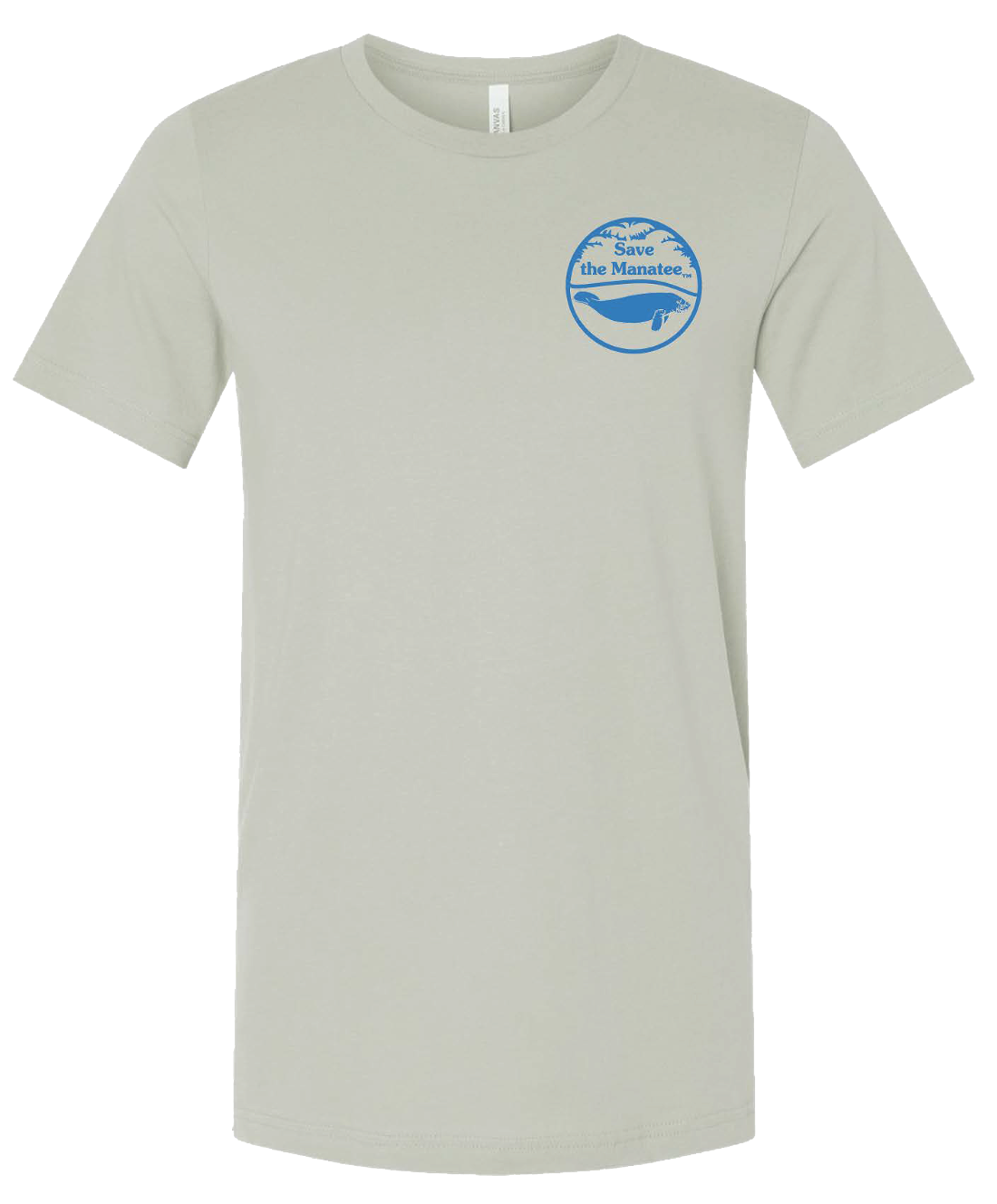 Light “thyme” colored T-shirt with the Save the Manatee Club logo printed on the left chest.