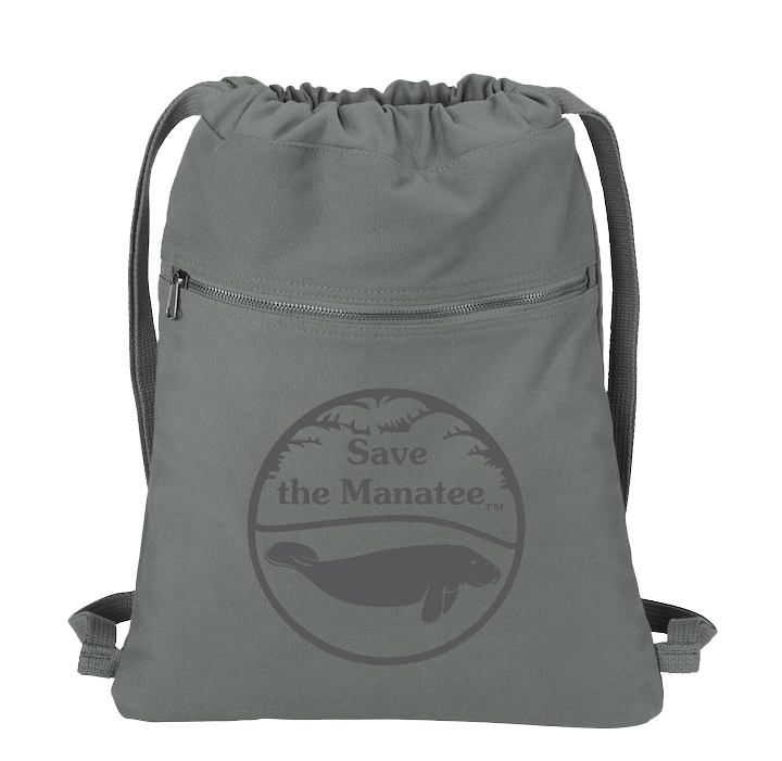 Gray canvas drawstring bag with 'Save the Manatee' logo on a white background