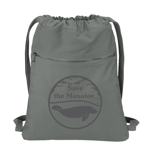 Gray canvas drawstring bag with 'Save the Manatee' logo on a white background
