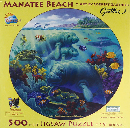 500 pc. Manatee Beach Puzzle.  Enjoy putting together this round 500 piece jigsaw puzzle by Corbert Gauthier.